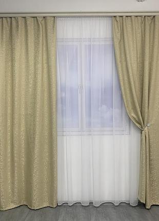 Мраморные льняные блекаут шторы золотистого цвета на тасьме 2шт. 150х270 (sh-m22-13)