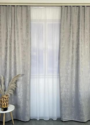 Мраморные жаккардовые шторы светло-серого цвета 2шт. 150х270 с белым шифоновым тюлем 400х270, на тасьме (shtn-m23-2)