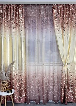 Атласні штори з квітами коричневого кольору 150х270 з батистовим тюлем 400х270 на тасьмі (sht-651-3)