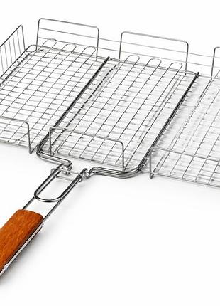 Решітка для гриля та мангалу 43×33×7.5 см з нержавіючої сталі з дерев’яною ручкою | подвійна решітка для шашлику