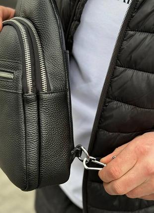 Мужская сумка-бананка через плечо 18х32х7, унисекс рюкзак на грудь с натуральной кожи tiding bag 3280 черный