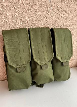 Подсумок тройной для магазинов ак закрытый с molle на кнопках (олива)