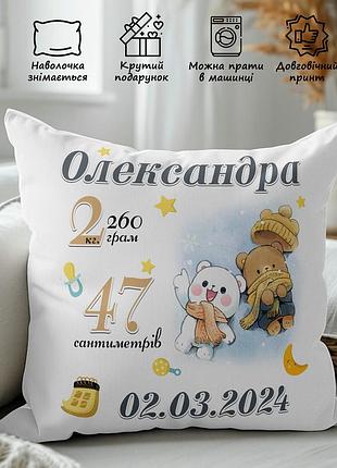 Детская подушка метрика с именем и данными рождения 35х45
