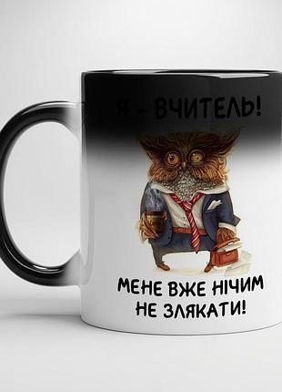 Прикольная кружка для учителя с принтом "я учитель, меня уже ничем не напугаешь" хамелеон с белой серединой