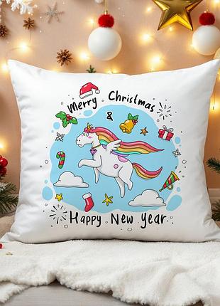 Новогодняя подушка “unicorn merry christmas & happy new year” • декоративная подушка с единорогом • подарок на новый год для девоч 35х45