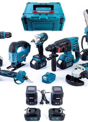 Аккумуляторный набор makita 8в1 36 v (шуруповерт, ушм,гайковерт, перфоратор,лобзик, пила, секатор,фонар) 4 акб