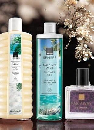 Набор avon «мальдидские пески» — пена для ванны 500 мл + гель для душа 500 мл + парфюмная вода far away glamour 30 мл