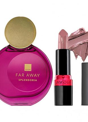 Подарочный набор avon far away splendoria | парфюмная вода 50 мл + губная помада ultra «пудровая мечта» 3,6 г