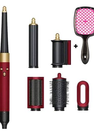 Стайлер 6в1 премиум-класса для роскошной укладки - airwrap hs08 red velvet/gold + расческа фуксия