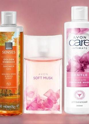 Набор для нее avon “легкая очарование” (туалетная вода soft musk 50 мл + интимный гель 250 мл + крем-гель для душа 250 мл)