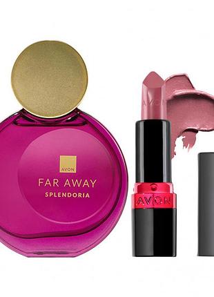 Подарочный набор avon far away splendoria | парфюмная вода 50 мл + губная помада ultra темно-лиловая 3,6 г
