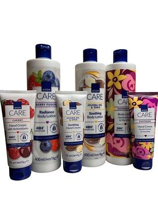 Набор ухода за телом и руками avon care, 6 средств (3×400 мл + 3×75 мл) с маслом какао, ягодами и жасмином