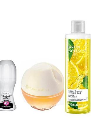 Набір avon для вільної серцем: аромат incandessence 50 мл, гель для душа 250 мл, кульковий дезодорант