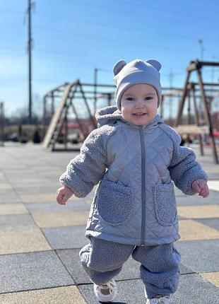 Дитячий демісезонний комплект polar teddy: курточка, штанці, шапочка сирій, 62