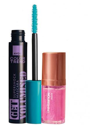 Косметичний набір avon | туш для вій «супер обʼєм» 10 мл + олія для губ avon true «живлення та колір» 7 мл
