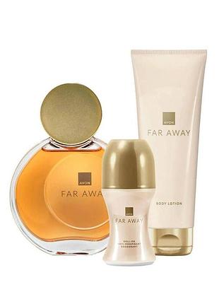 Женский парфюмированный набор 3-в-1 avon far away: аромат 50 мл + лосьон 125 мл + шариковый дезодорант 50 мл
