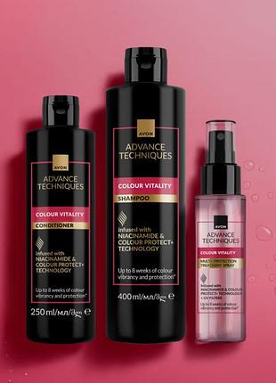 Набір для фарбованого волосся avon «сяйво кольору» (шампунь 400 мл + кондиціонер 250 мл + мультизахисний спрей 100 мл)
