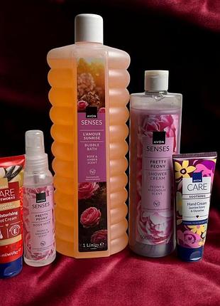 Подарунковий набір «солодкий догляд» avon care & senses | гель для душу, піна для ванни, спрей для тіла, креми для рук і ніг