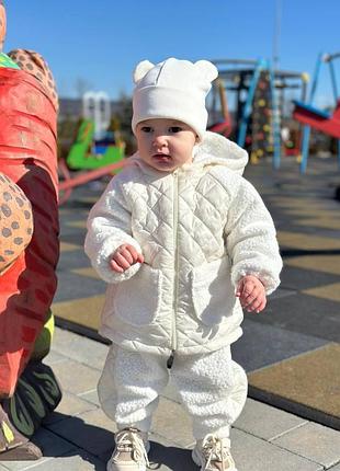 Дитячий демісезонний комплект polar teddy: курточка, штанці, шапочка молочний, 86