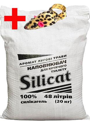 Наповнювач для котячого туалету силікагелевий silicat 48l (20 кг) із запахом лугових трав+ подарунок миша