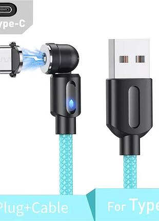 Посилений магнітний кабель usb type-c для заряджання 360° + 180° блакитний 1метр, 2.4a