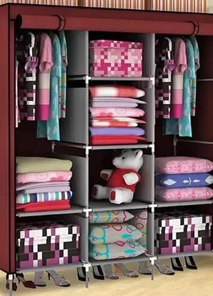 Тканевый складной шкаф на 3 секции 130х45х175 см storage wardrobe 88130 темно-красный