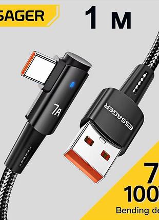 Кутовий кабель для заряджання та передачі даних essager 7a, 90° degree black, 100w, usb type-a to usb type-c, 1 м