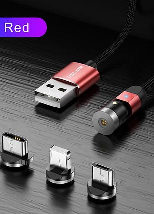Оригинальный магнитный кабель для зарядки uslion 3 в 1(lightning(iphone), micro usb, t-c), 360°+180° красный