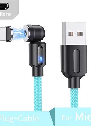 Усиленный магнитный кабель micro usb для зарядки 360°+180° голубой 1метр, 2.4a