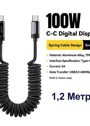 Кабель спіральний essager (es-x6) display type-c → type-c | pd 100w (5a) | 480 mbps | 1,2 м | black