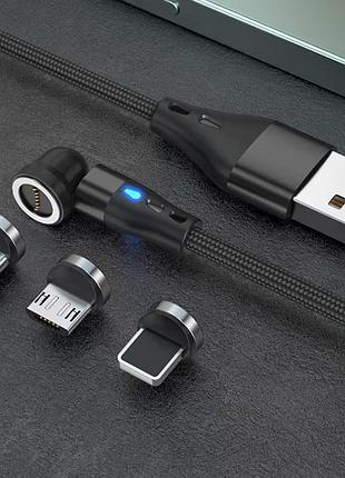 Посилений магнітний кабель 540° 5a / 7pin / 1 м / 3 конектори (lightning, micro usb, type-c) чорний