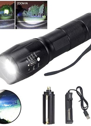 Мощный телескопический тактический фонарик 5 в 1 с белым светом / led фонарь + аккумулятор 18650 + зарядка