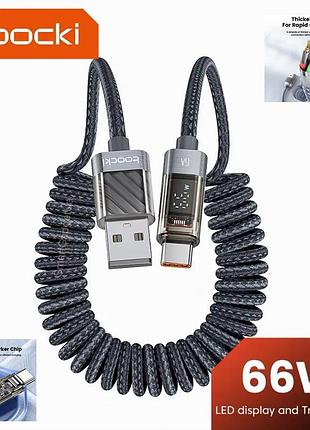 Кабель для зарядки с дисплеем toocki (txc-0a2), пружинный, usb-a – usb-c, 66w, 6a, grey