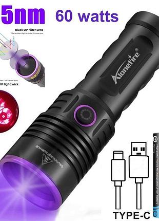Ультрафиолетовый фонарик alonefire sv53 / чёрный фильтр вуда / 365нм / 60w / 3 светодиода / аккумулятор 5000 mah / кабель type-c