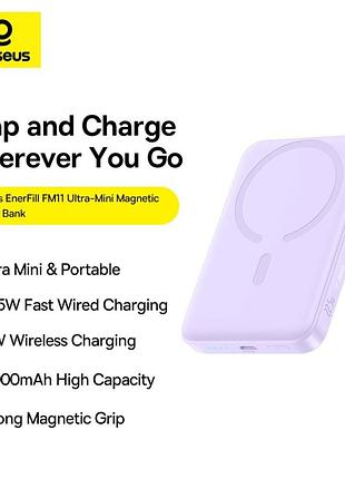Ультрамин магнитный повербанк magsafe baseus enerfill fm11 magnetic power bank 10000mah 22.5w type-c фиолетовый (p1008210e513-00)