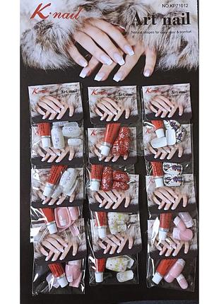 Нігті накладні з дизайном k · nail art nail natural з клеєм, упаковка 12 штук № 005