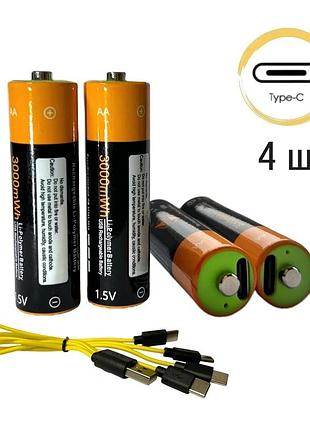 Батарейки aa акумуляторні znter з роз'ємом usb type-c на 1.5v/3000mwh — 4 шт.