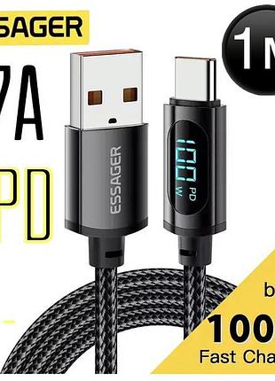 Кабель 1м essager usb-a - type-c pd 100w 7a led дисплей швидка зарядка honnor oppo oneplus