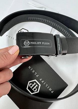 Мужской кожаный ремень автомат philipp plein классический черный пояс для джинс и брюк в коробочке на подарок