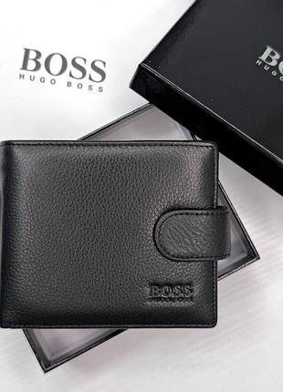 Чоловічий гаманець boss босс брендове портмоне на кнопці для документів чорного кольору у фірмовій коробці