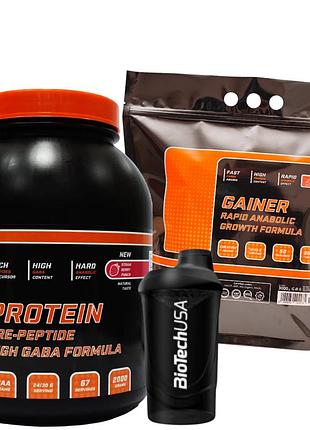 Whey protein 80% сывороточного белка (2 кг / банка) + gainer углеводнобелковый 73% (3 кг / упаковка) + шейкер