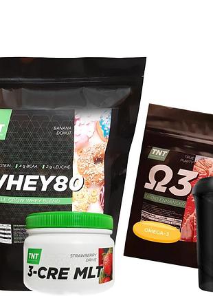 Whey protein tnt 80% сывороточного белка ( 2 кг / ванильный коктейль ) + креатин ( 0,3 кг ) + омега 3 и шейкер