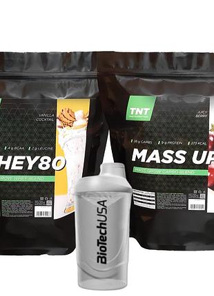 Комплекс на массу для мужчин : protein сывороточный 80% белка ( 2 кг ) + гейнер - 78% углеводы ( 2,5 кг )