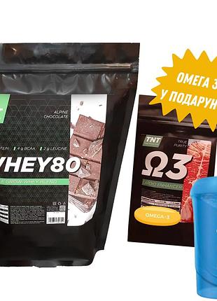Whey protein 80% сироваткового білка tm tnt (2 кг) для набору м'язової маси та зростання м'язі + омега 3 у подарунок + шейкер