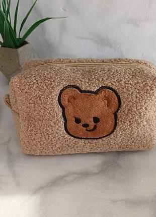 Косметичка плюшевая с мишкой коричневая