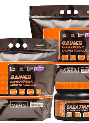 Високовуглеводний gainer tm bioline (6 кг / 2 упаковки = 73% вуглеводи) + creatine моногідрат (150 капс.)