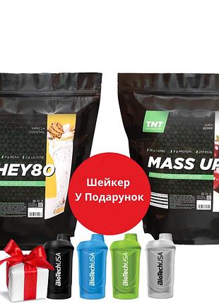 Комплекс на массу : протеин сывороточный 80% белка ( 2 кг ) + углеводнобелковый гейнер ( 2,5 кг ) + шейкер