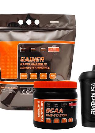 Gainer высокоуглеводный для набора массы тела ( 3 кг ) + аминокислоты bcaa (0,5 кг ) + шейкер