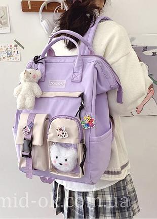 Школьный подростковый рюкзак черный для девочки 5-11 класса стиль preppy значки и брелок-мишка teddy bear