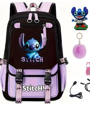 Молодіжний рюкзак біло-чорний stitch для старших класів: usb-порт, кодовий замок, помпон,брелок stitch. фіолетовий